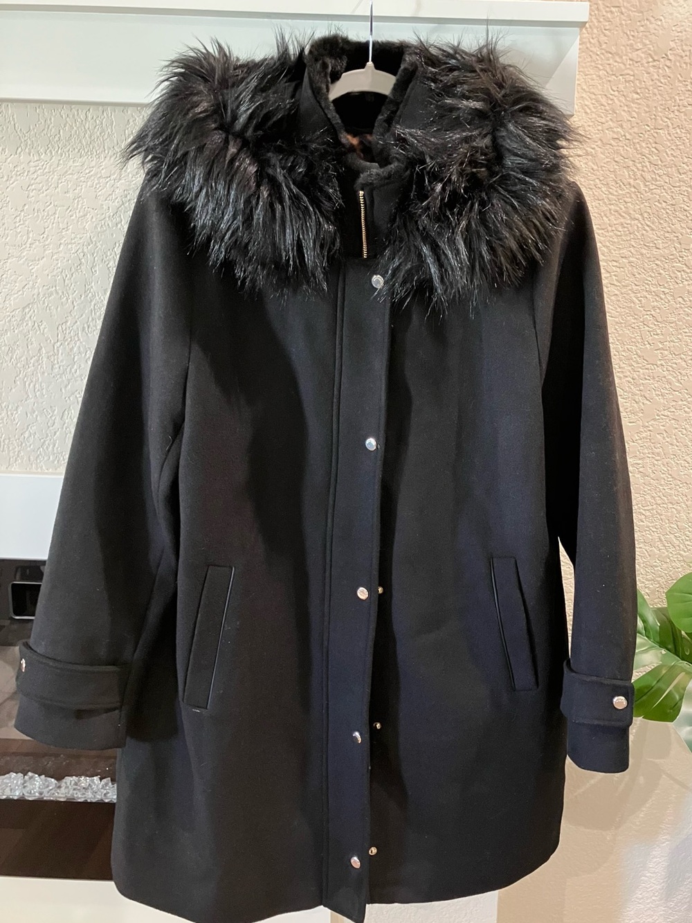 Nine West Black Hooded Trench Coat with Faux Fur Trim